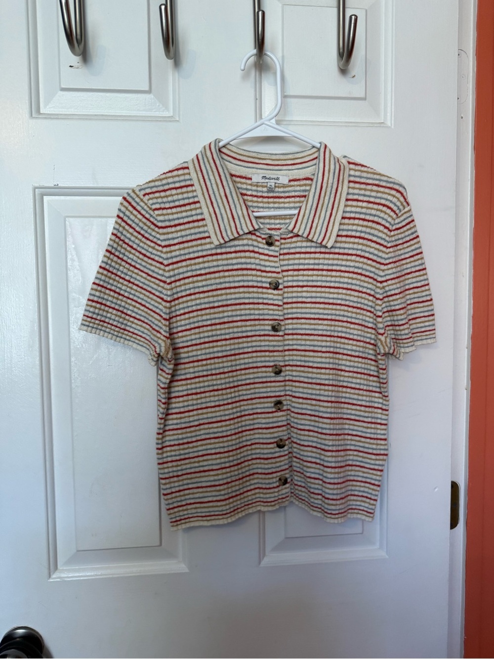 Madewell Cream Ribbed Short-Sleeve Button-Up with Red & Green Stripes